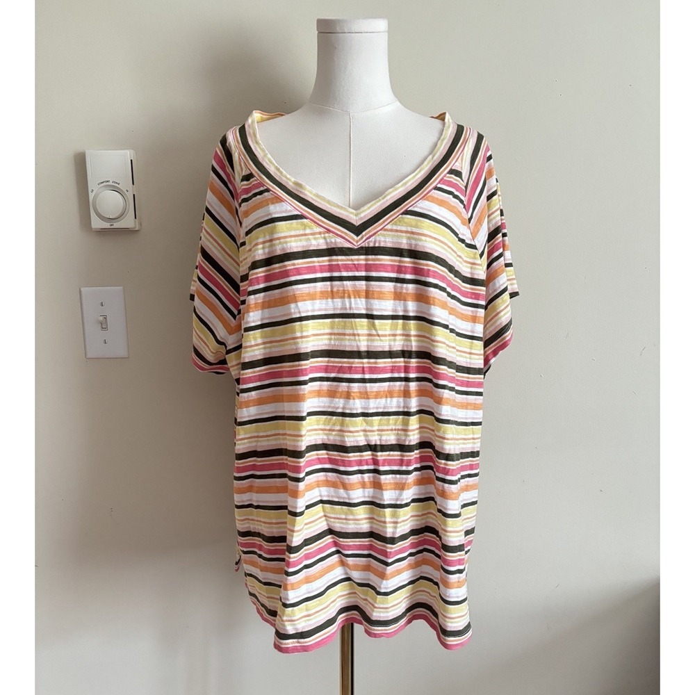 Talbots Plus Size 3X Short Sleeve V Neck Shirt Striped Pink Green Cotton Stretch